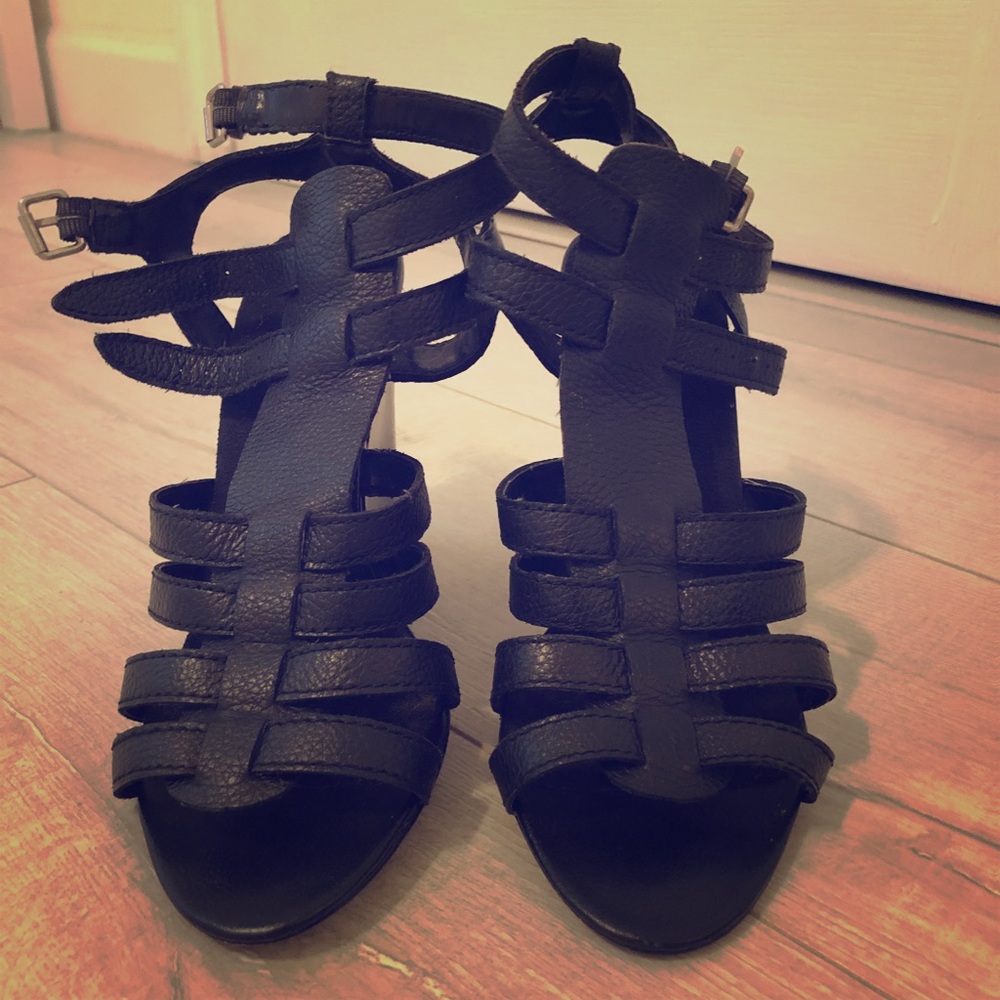 Black leather wedges